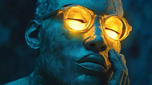 A contemplative statue with glowing glasses in a dimly lit environment
