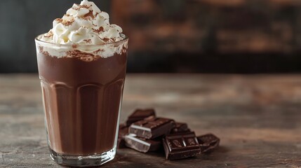 Indulgent glass of dark creamy chocolate milk finished with a decadent topping of whipped cream making for a rich and soothing beverage perfect for relaxation and enjoyment