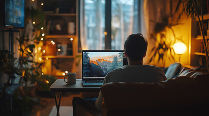 Fototapeta premium remote work, home office setup, laptop open, cozy living room, coffee mug