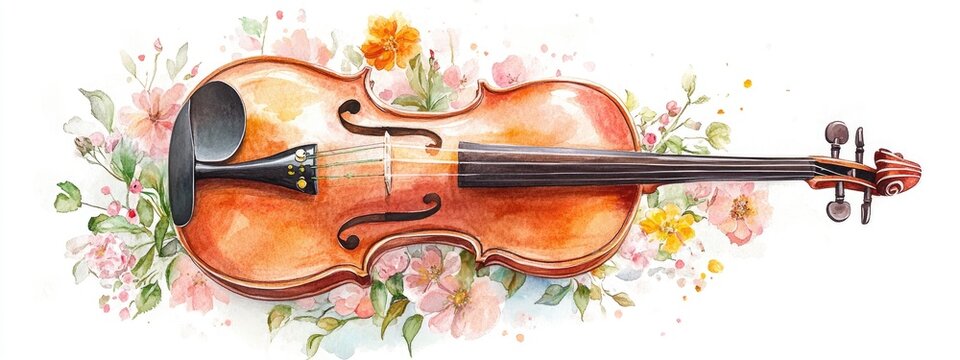 Watercolor illustration of a violin and flowers isolated on a white background