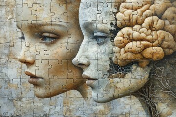 Abstract digital art of two human profiles with puzzle piece faces symbolizing the fragmented nature of identity the search for self understanding and the complexity of human consciousness