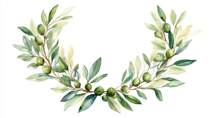 Watercolor illustration of an olive tree wreath Suitable for menu designs wedding invitations or greeting cards Hand drawn artwork