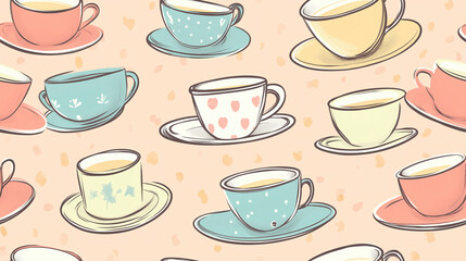 Seamless pattern with sketched or doodle cups of coffee