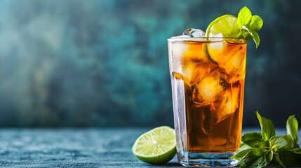 Fototapeta premium Refreshing glass of cold brewed green tea with a fresh lime slice a healthy and rejuvenating beverage perfect for summer or anytime you need a moment of calm and clarity