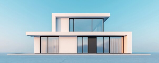 A modern architectural design of a stylish house featuring large windows and a minimalist aesthetic against a clear blue sky.