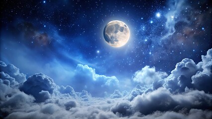 Naklejka premium Moon and stars visible through a thin veil of clouds in the night sky background, Moon, stars, night, sky, clouds, visible