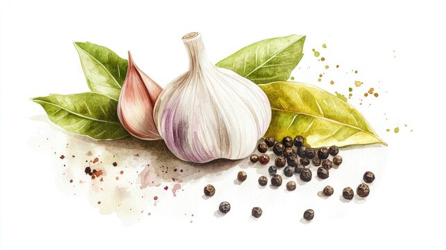 Watercolor illustration of garlic bay leaf and black pepper against a white background