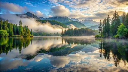 Obraz premium Serene mountain lake with fog and reflections , tranquil, peaceful, misty, calm, nature, scenic, landscape, water, serene