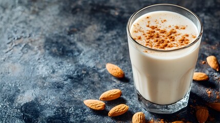 Refreshing glass of chilled almond milk with a light sprinkle of warm cinnamon offering a healthy and delightful beverage for a calming moment  The image features a minimalist