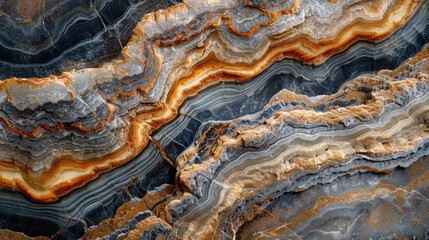 Closeup of a colorful, layered, abstract rock formation with orange, gray, white, and black colors.