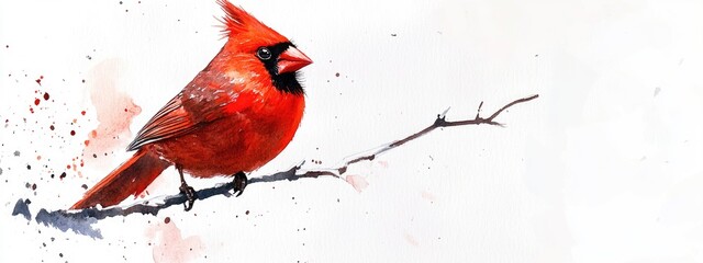 Watercolor illustration of a red cardinal bird a symbol of Christmas featured as a design element on a white background