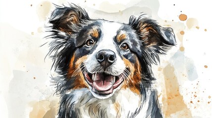 Watercolor illustration of a playful smiling fluffy Collie dog Marker drawing style Doodle art Quick sketching Animal themed background Hand drawn pet depiction Painted backdrop