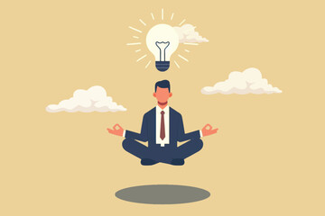 a meditating businessman floating in the air, above his head there is a light bulb as a symbol of calm and maximizing ideas