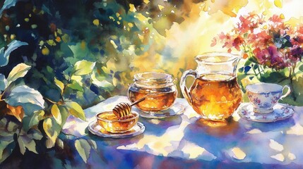 Watercolor illustration of honey on a beautifully decorated table illuminated by the evening sun in a garden setting