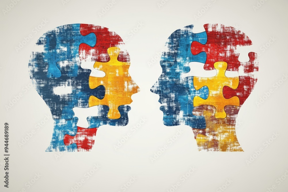 Sticker Conceptual digital illustration of two human profiles with puzzle piece faces symbolizing the fragmented nature of identity cognitive complexity and the challenges of understanding oneself