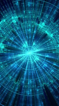 Blue techno futuristic abstract concentric circles seamless loop. Fractal art. Digital data, radar, science fiction tunnel or space station. Vertical video.