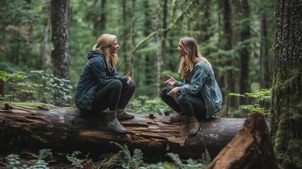 Two friends having a deep conversation while sitting on a fallen log in a serene forested area during daylight hours