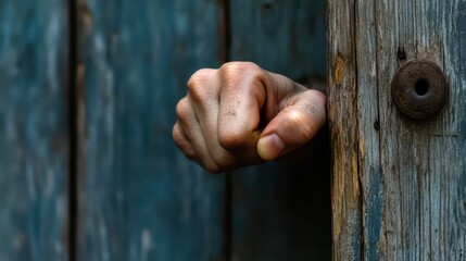 A hand reaching through a rustic wooden door in dim lighting