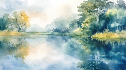 Watercolor illustration of a reflective landscape in a natural setting