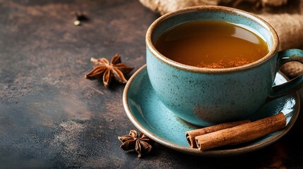 A warm and comforting cup of spiced tea with a fragrant cinnamon stick set against a cozy autumn inspired background with ample copy space for text overlay or product placement