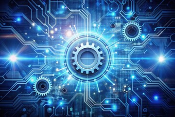 Obraz premium Exploring the vibrant interplay of gears and digital circuits in a futuristic technology landscape. Generative AI