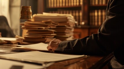 Lawyer, side view, with legal documents on table in office generative ai