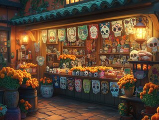 Fototapeta premium Traditional Mexican Market Booth Displaying Day of the Dead Sugar Skulls and Marigolds at Dusk with Rich Cultural Ambiance