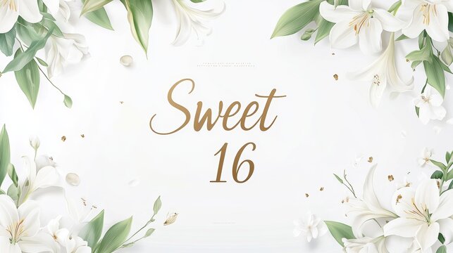 Elegant design for a Sweet 16 celebration featuring white flowers.