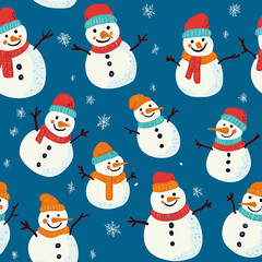 Adorable hand drawn style flat design snowmen, seamless repeating blue background