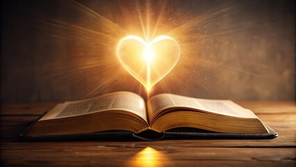 Glowing heart and Bible symbolizing faith and love , faith, love, religion, spirituality, illuminated, heart, glowing, holy