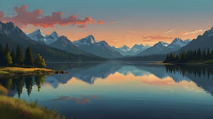  Illustration of a captivating mountain range surrounded by a peaceful lake view. generative.ai