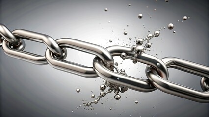 Horizontal silver chain breaking into many pieces, rendered in , broken, shattered, pieces, metal, destruction