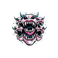 A close-up vector illustration of a monster with six heads, each head has sharp teeth and a menacing expression.