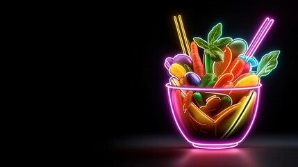 Neon illustration of an Italian stir-fry with glowing outlines and vibrant, electrified vegetables, Pop Art, Neon colors