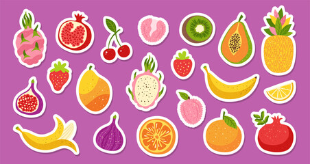 Fruits or berries sticker cartoon set. Sliced citrus orange papaya fig litchi pineapple dragon fruits trendy sticky patch. Kiwi mango banana pomegranate strawberry cherry kids drawn. Vector for print