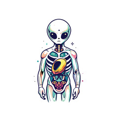 A detailed vector illustration of an alien with translucent skin, showcasing its skeletal and internal organs in vibrant colors.