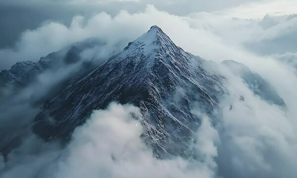 A majestic, snow-covered mountain peak rises through a sea of clouds