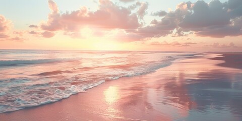 Deserted beach with serene ocean Soft pink sunset on tranquil evening