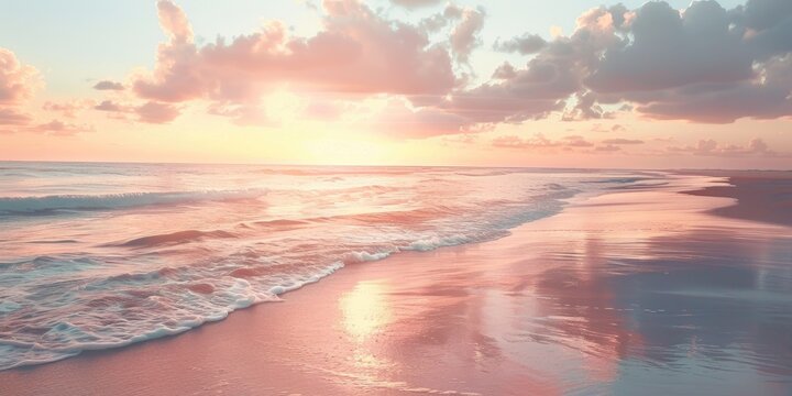 Deserted beach with serene ocean Soft pink sunset on tranquil evening