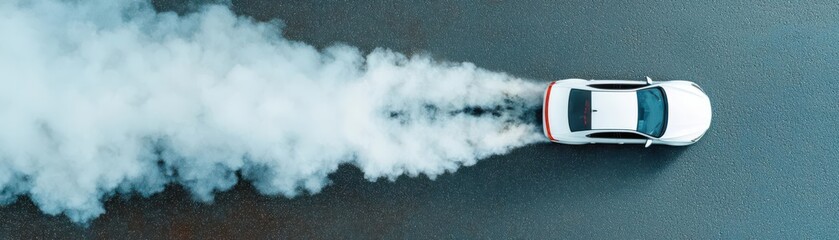 Obraz premium Aerial shot of car in drift, tire smoke billowing on sleek asphalt, dynamic turn, highspeed action, polished surface, intense motorsport scene