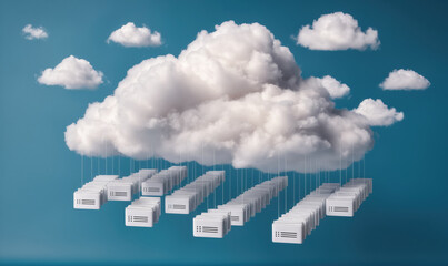 A large white cloud hangs in a blue sky with rows of servers suspended below it