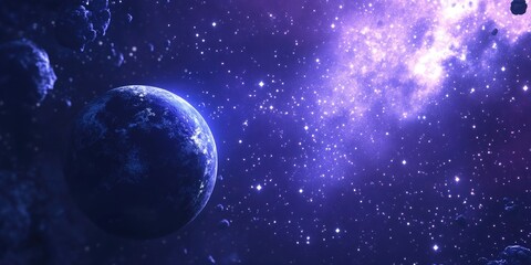 Cartoon rendering in 3D of stars within a galaxy and a planet in open space