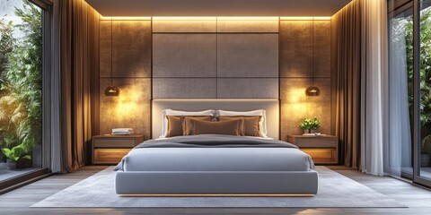 3D rendering of a contemporary luxury bedroom interior featuring lighting fixtures plain walls and a cushioned headboard