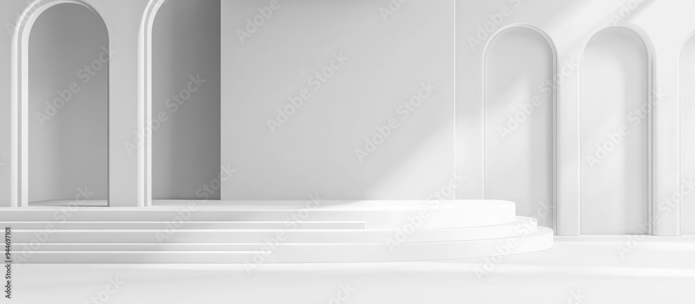 Poster 3d rendering of an abstract surreal image featuring an empty space for product display on a white ba