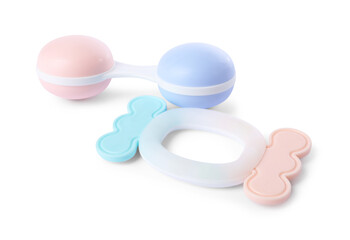 Colorful rattles isolated on white. Baby accessories