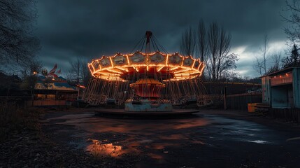 Illuminated Carousel in an Abandoned Amusement Park at Dusk