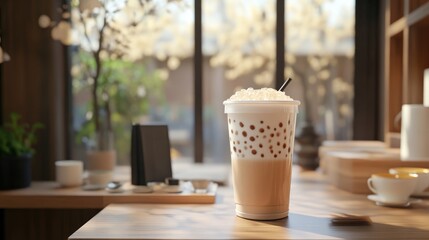 3D rendering of a box of milk tea in a Japanese coffee shop