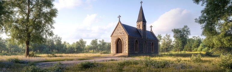 Fototapeta premium 3D rendering of a Romanesque Gothic style chapel featuring a single nave surrounded by natural scenery