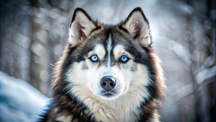 Obraz premium A majestic husky dog with striking blue eyes and a thick shaggy fur, Husky, dog, blue eyes, fur, majestic, cute, fluffy, beautiful