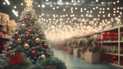 3D rendering of a blurred image featuring a large Christmas tree decoration in a wholesale store surrounded by wreaths and strings of bokeh lights Vintage filter applied to Christmas decorations